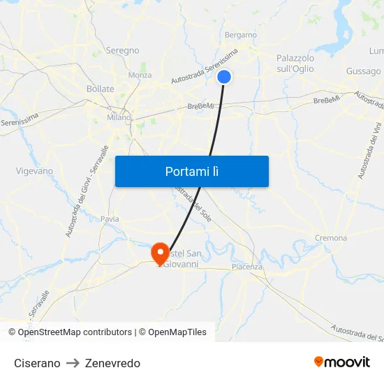 Ciserano to Zenevredo map
