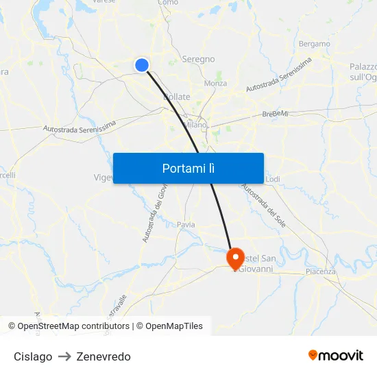 Cislago to Zenevredo map