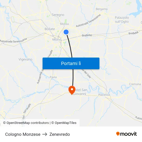 Cologno Monzese to Zenevredo map