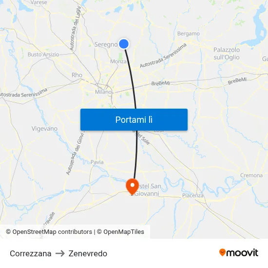Correzzana to Zenevredo map