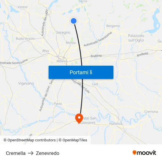 Cremella to Zenevredo map