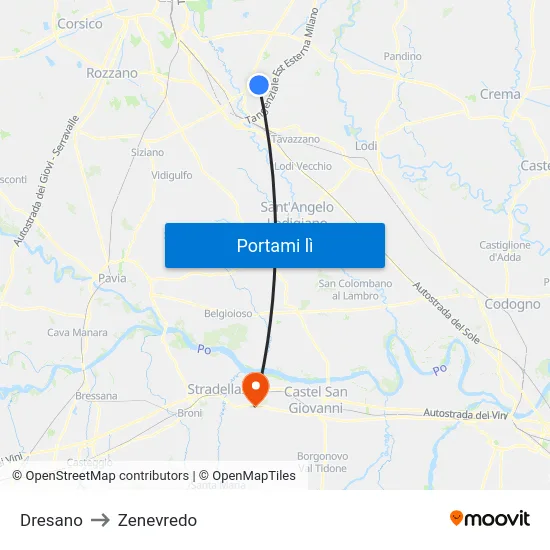 Dresano to Zenevredo map