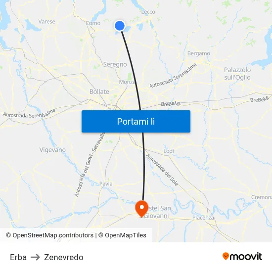 Erba to Zenevredo map