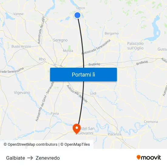 Galbiate to Zenevredo map