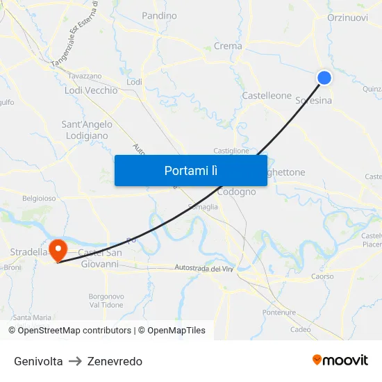 Genivolta to Zenevredo map