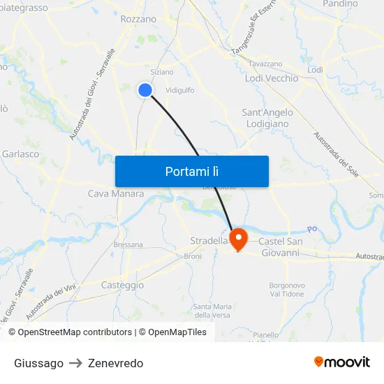 Giussago to Zenevredo map