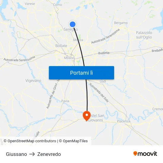 Giussano to Zenevredo map