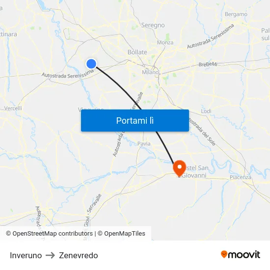 Inveruno to Zenevredo map