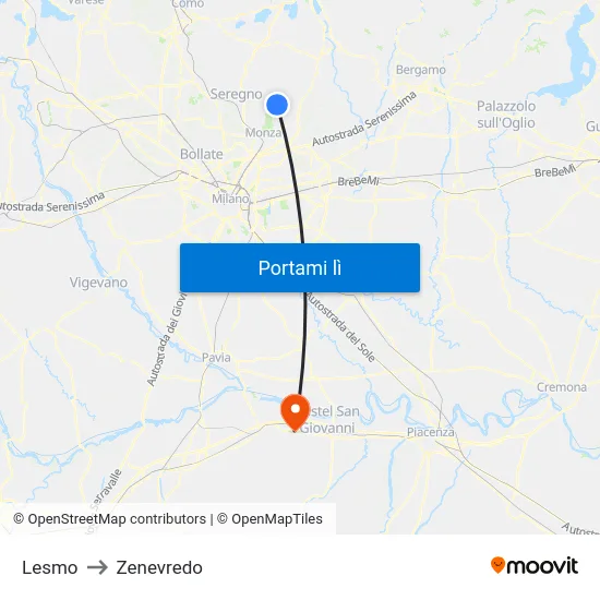 Lesmo to Zenevredo map
