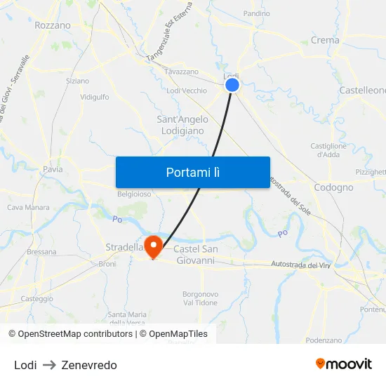 Lodi to Zenevredo map