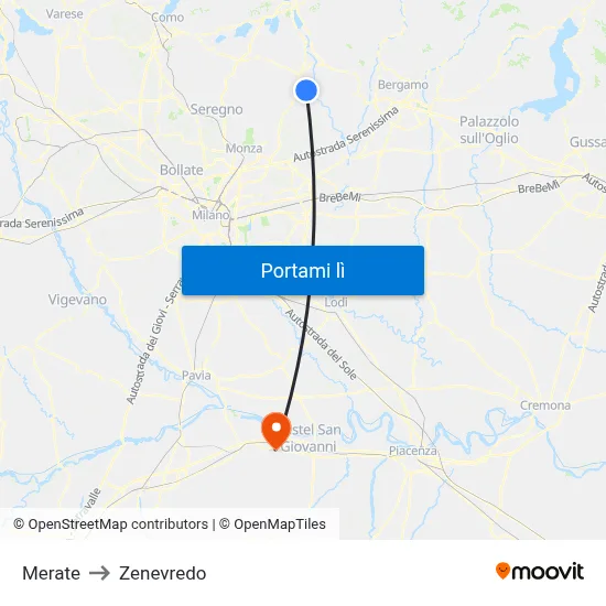 Merate to Zenevredo map