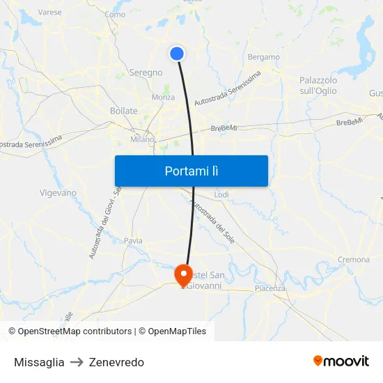 Missaglia to Zenevredo map