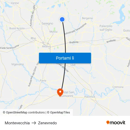 Montevecchia to Zenevredo map