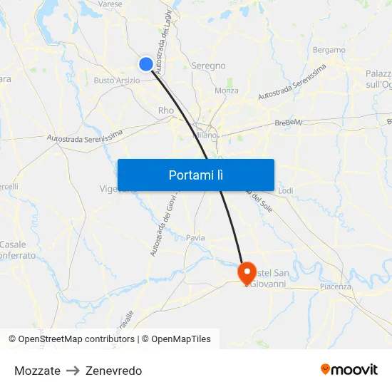 Mozzate to Zenevredo map