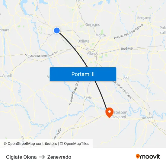 Olgiate Olona to Zenevredo map