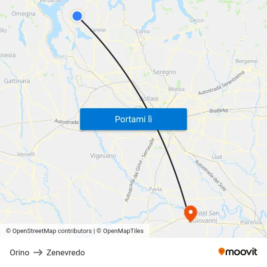 Orino to Zenevredo map