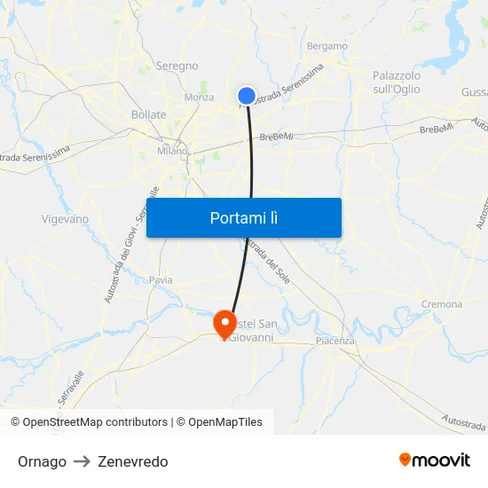 Ornago to Zenevredo map