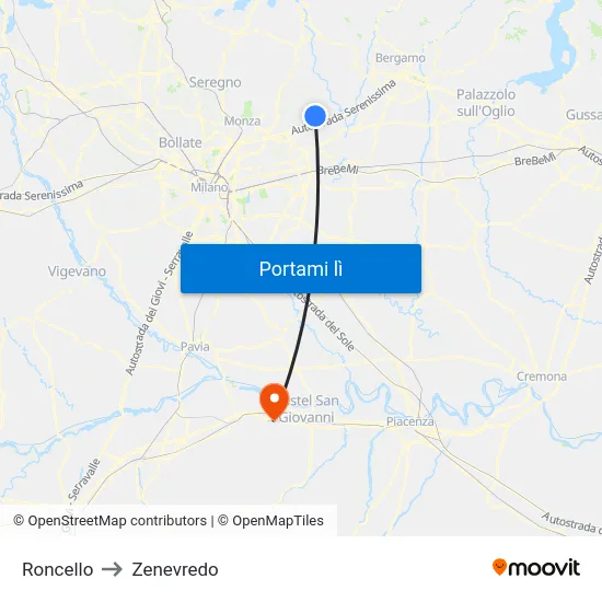 Roncello to Zenevredo map