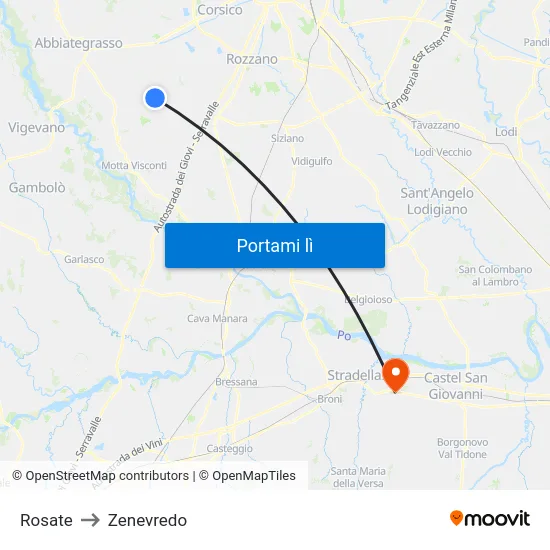 Rosate to Zenevredo map