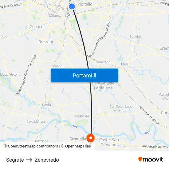 Segrate to Zenevredo map