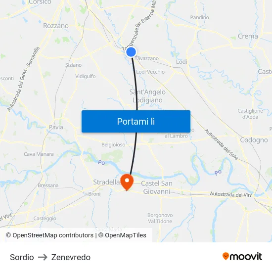 Sordio to Zenevredo map