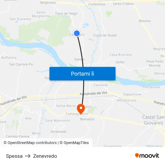 Spessa to Zenevredo map