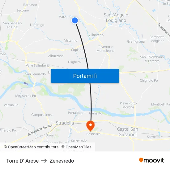 Torre D' Arese to Zenevredo map