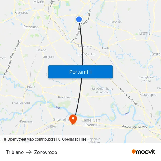 Tribiano to Zenevredo map