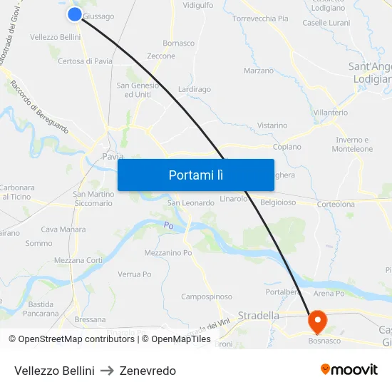 Vellezzo Bellini to Zenevredo map