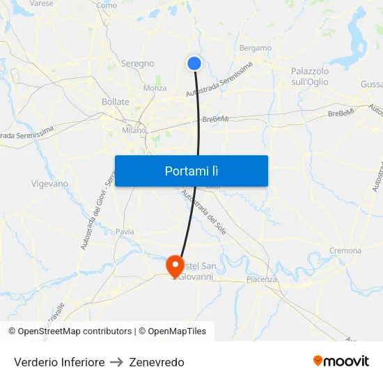 Verderio Inferiore to Zenevredo map