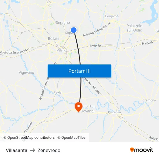 Villasanta to Zenevredo map