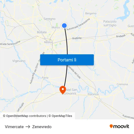 Vimercate to Zenevredo map