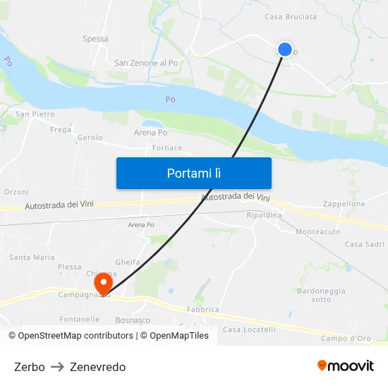 Zerbo to Zenevredo map