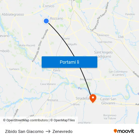Zibido San Giacomo to Zenevredo map