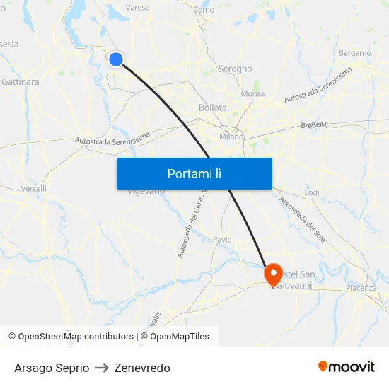 Arsago Seprio to Zenevredo map