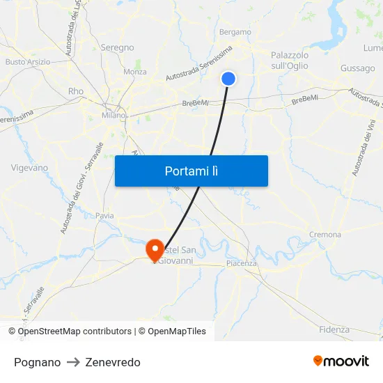 Pognano to Zenevredo map