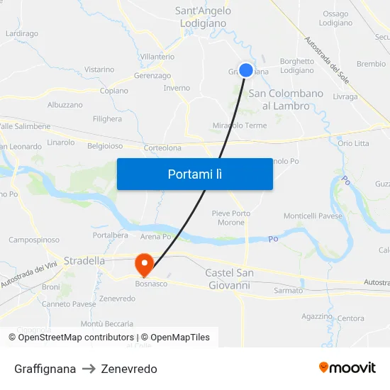 Graffignana to Zenevredo map