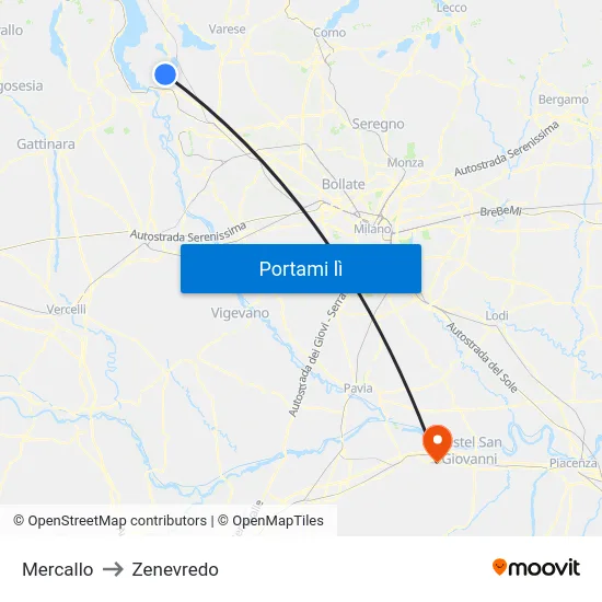 Mercallo to Zenevredo map