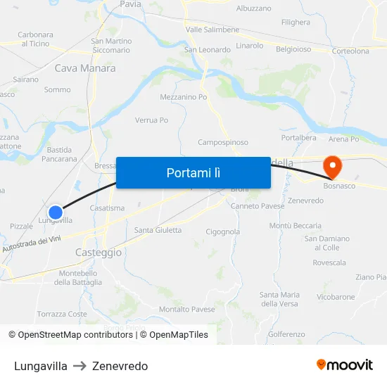 Lungavilla to Zenevredo map