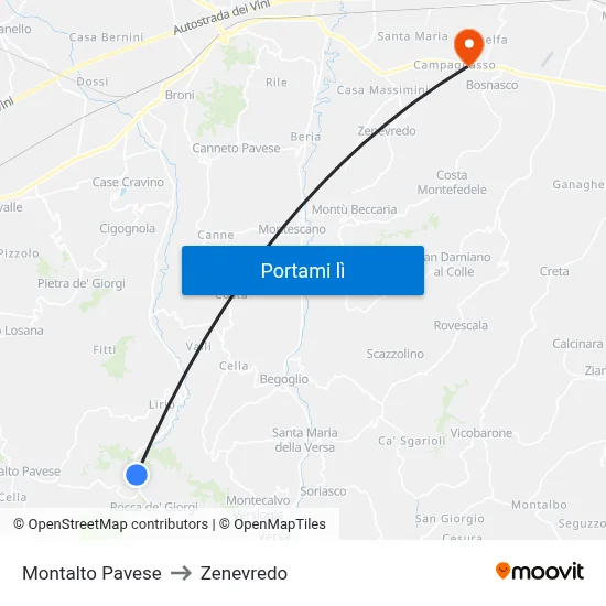 Montalto Pavese to Zenevredo map