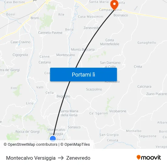 Montecalvo Versiggia to Zenevredo map