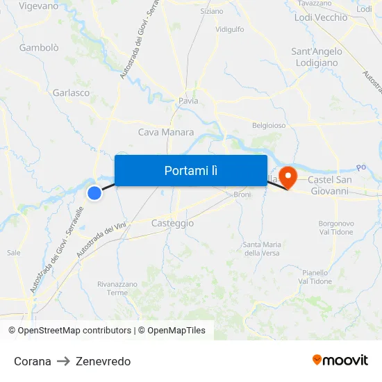 Corana to Zenevredo map