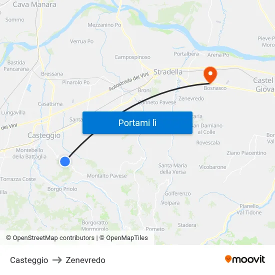 Casteggio to Zenevredo map