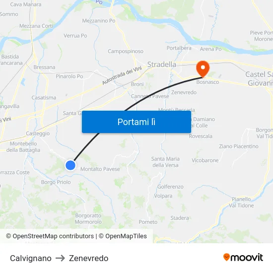 Calvignano to Zenevredo map