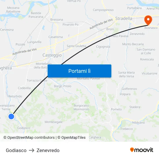 Godiasco to Zenevredo map