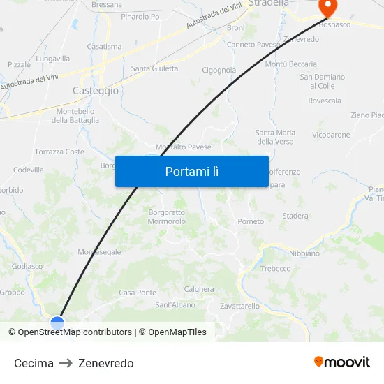 Cecima to Zenevredo map