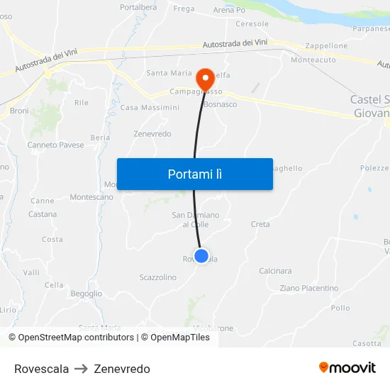 Rovescala to Zenevredo map