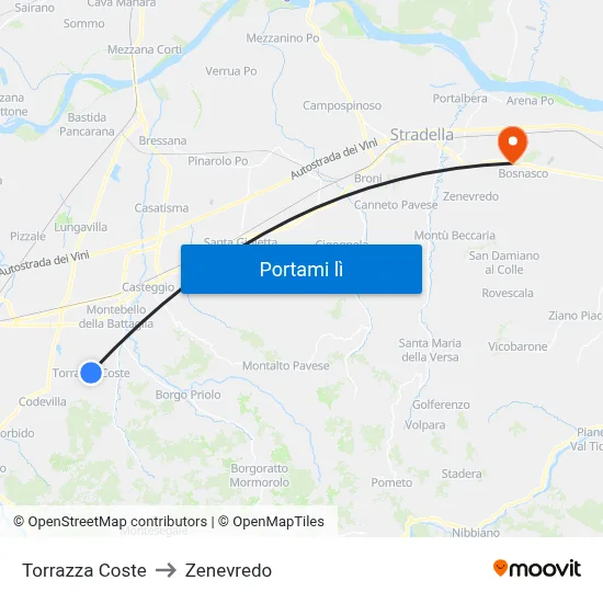 Torrazza Coste to Zenevredo map