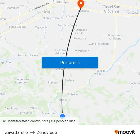 Zavattarello to Zenevredo map