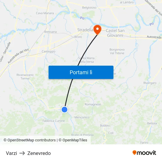 Varzi to Zenevredo map